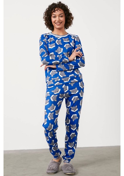 Termal Kumaş Triko Kombinli Pijama Takım - Saks