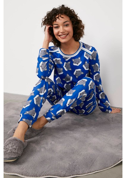 Termal Kumaş Triko Kombinli Pijama Takım - Saks