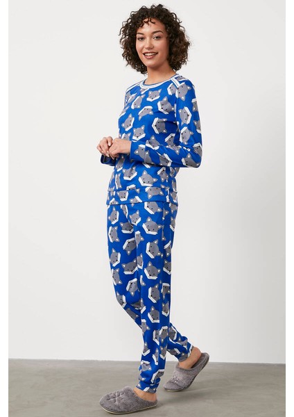 Termal Kumaş Triko Kombinli Pijama Takım - Saks modelleri