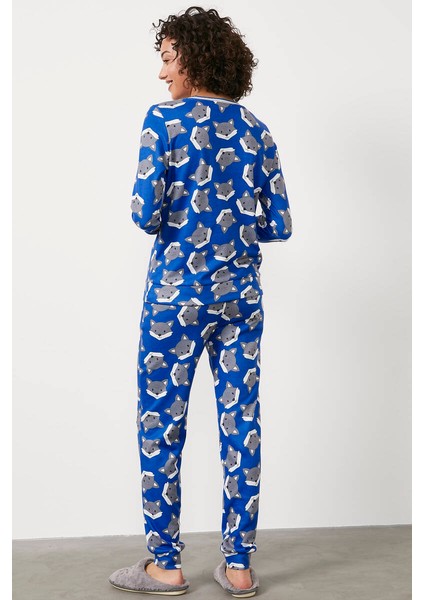 Termal Kumaş Triko Kombinli Pijama Takım - Saks indirimleri