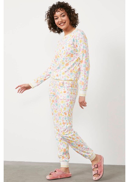 Meyve Desenli Termal Pijama Takım - Ekru
