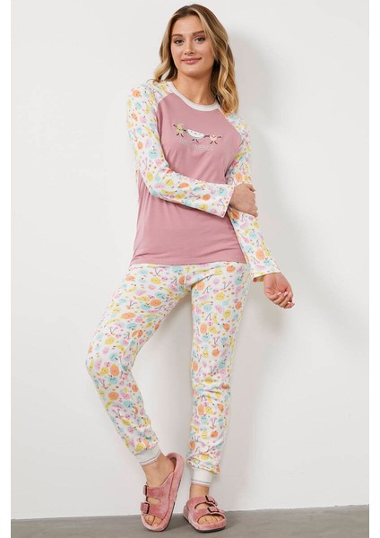 Desenli Termal Pijama Takım - Gül
