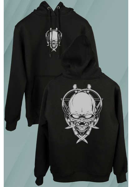 Skull Knıfe Illustration Kuru Kafa Bıçak Çakı Ön ve Arka Baskılı Sweatshirt Unisex Kapüşonlu Hoodie