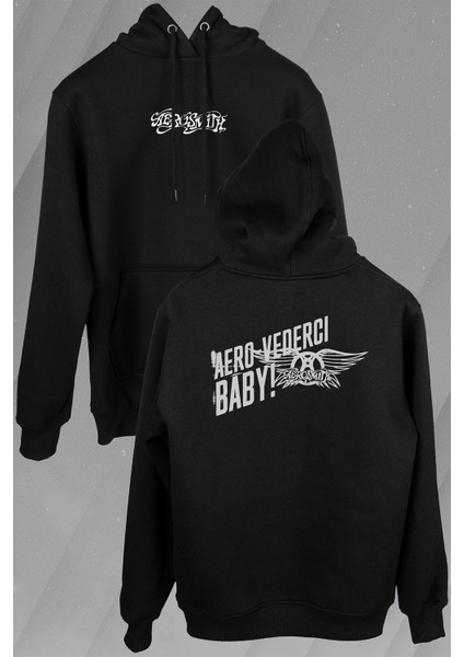 Aerosmith Steven Tyler Black On Black Wings Ön ve Arka Baskılı Sweatshirt Unisex Kapüşonlu Hoodie