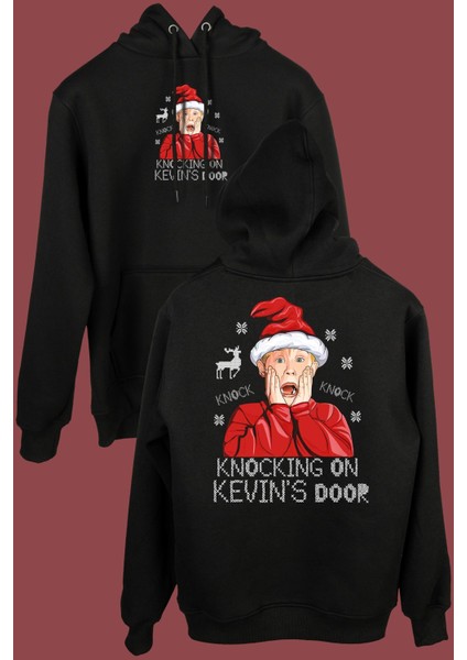 Home Alone Evde Tek Başına Yeniyıl Knock Kevin Merry Xmas Yılbaşı Ön ve Arka Baskılı Sweatshirt Unisex Kapüşonlu Hoodie