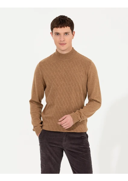 Pierre Cardin Erkek Camel Melanj Slim Fit Yarım Balıkçı Yaka Triko Kazak 50265917-VR122