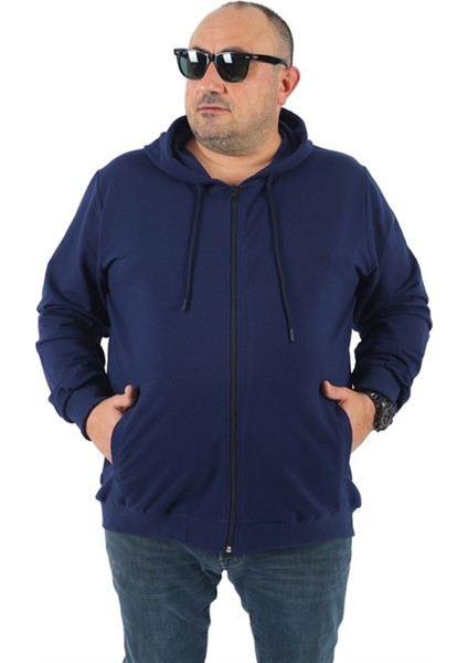 Büyük Beden Basic Mevsimlik Fermuarlı Kapüşonlu Sweat 22751 Indıgo