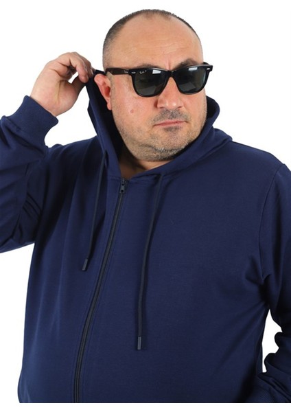 Büyük Beden Basic Mevsimlik Fermuarlı Kapüşonlu Sweat 22751 Indıgo fiyatları