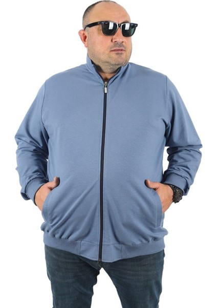 Büyük Beden Basic Mevsimlik Fermuarlı Sweatshirt 22750 Mavı