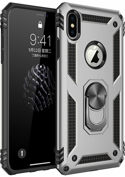 Apple iphone Xs Max Kılıf Çift Katmanlı Yüzüklü Manyetik Vega Araç Tutucu Destekli Zırhlı Tank Kapak