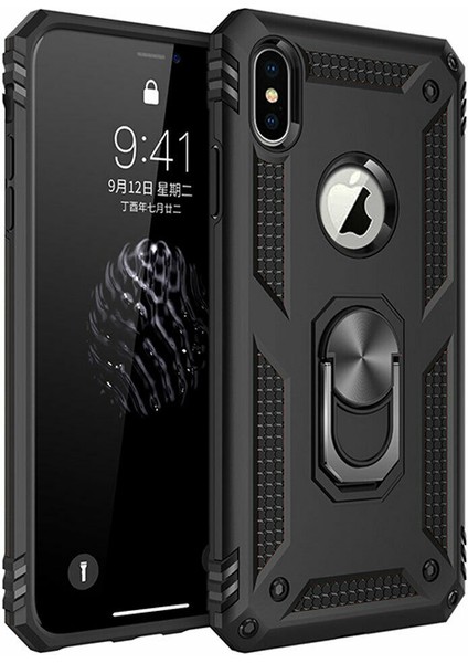 Apple iphone Xr Kılıf Çift Katmanlı Yüzüklü Manyetik Vega Araç Tutucu Destekli Zırhlı Tank Kapak