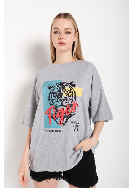 Kadın Oversize Tiger Baskılı T-Shirt