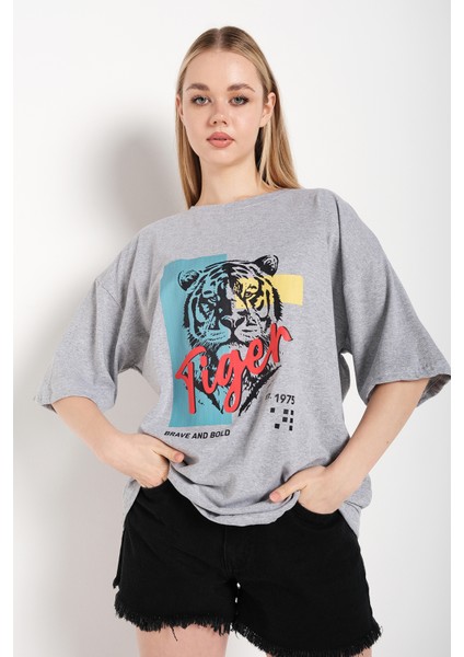 Kadın Oversize Tiger Baskılı T-Shirt