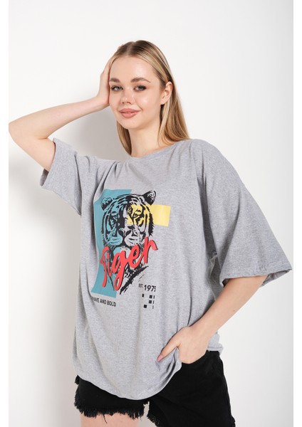 Kadın Oversize Tiger Baskılı T-Shirt