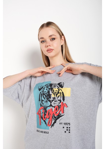 Kadın Oversize Tiger Baskılı T-Shirt