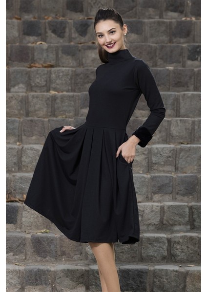 Günlük Sırt Dekolteli Pileli Kadın Elbise 712SIYAH3 fiyatları
