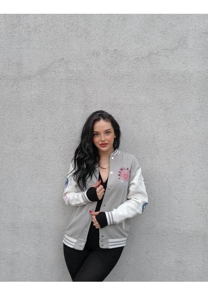 Unisex Oversize Gri&beyaz Bomber Kolej Ceket fırsatları