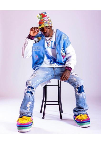 Unisex Oversize Nakiş Işlemeli Mavi Bomber Kolej Ceket