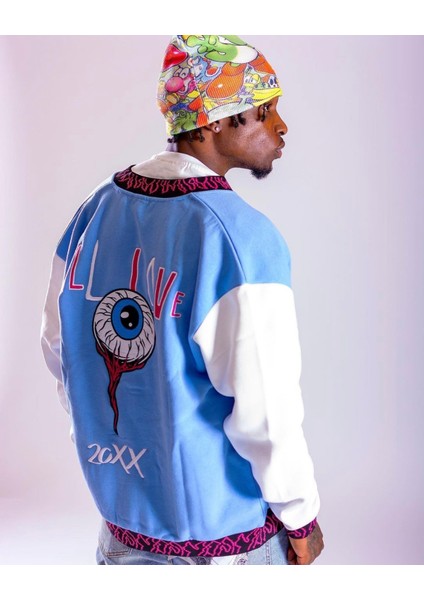 Unisex Oversize Nakiş Işlemeli Mavi Bomber Kolej Ceket fiyatları