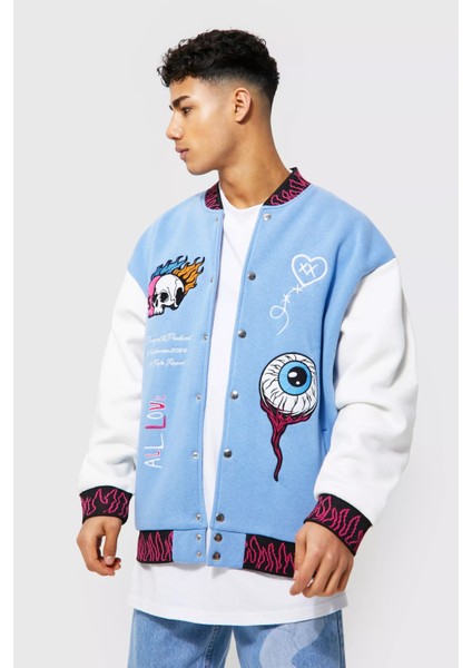 Unisex Oversize Nakiş Işlemeli Mavi Bomber Kolej Ceket indirimleri
