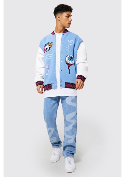 Unisex Oversize Nakiş Işlemeli Mavi Bomber Kolej Ceket