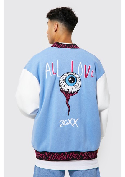 Unisex Oversize Nakiş Işlemeli Mavi Bomber Kolej Ceket