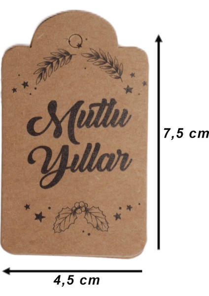 Yılbaşı Baskılı Kraft Etiket - 12 Adet - Mutlu Yıllar - Kubbe Etiket 4.5x7.5 cm