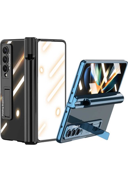 Samsung Galaxy Z Fold 4 Uyumlu Kılıf Kıpta Standlı Kalem Bölmeli Kapak Gümüş