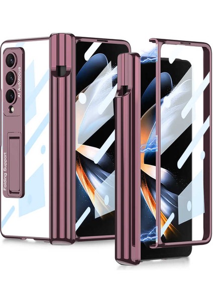 Samsung Galaxy Z Fold 4 Uyumlu Kılıf Kıpta Standlı Kalem Bölmeli Kapak Mürdüm