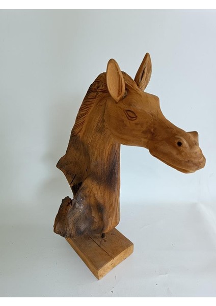 Dekoratif El Oyması Ahşap At Kafası 52X43X24CM (Teak Ağac-3)