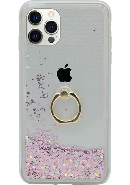 iPhone 12 Pro Simli Pullu Sulu Yüzüklü Standlı Silikon Milce Kapak Lüks Tpu