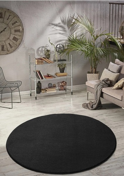 Comfort Puffy Yuvarlak Peluş Yıkanabilir Siyah Yolluk