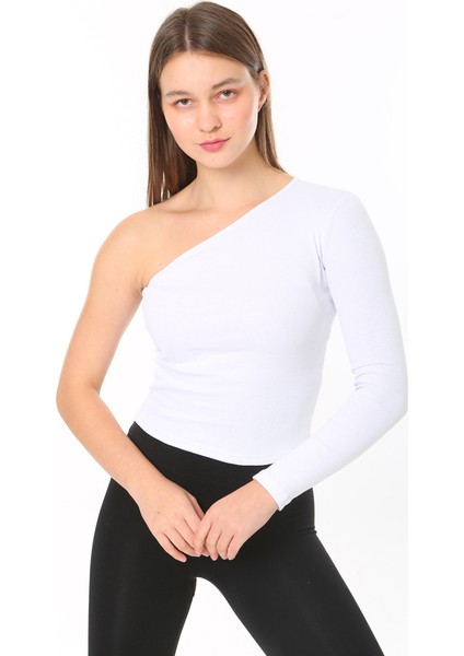Kadın Tek Omuz T-Shirt Bluz Beyaz