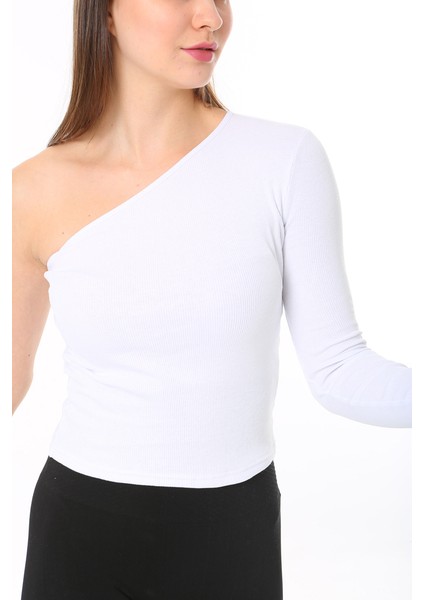 Kadın Tek Omuz T-Shirt Bluz Beyaz