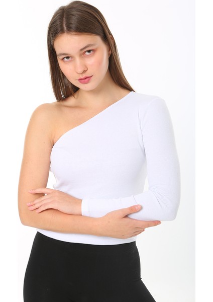 Kadın Tek Omuz T-Shirt Bluz Beyaz