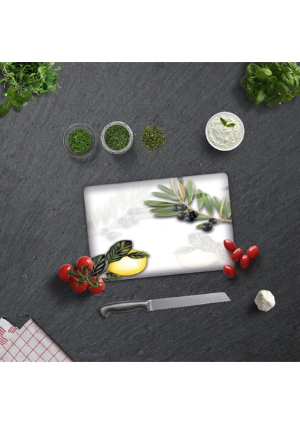 Zeytin ve Limon Desen Cam Kesme Tablası 20 x 30 cm