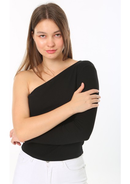 Kadın Tek Omuz T-Shirt Bluz Siyah