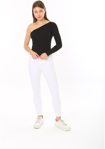 Kadın Tek Omuz T-Shirt Bluz Siyah