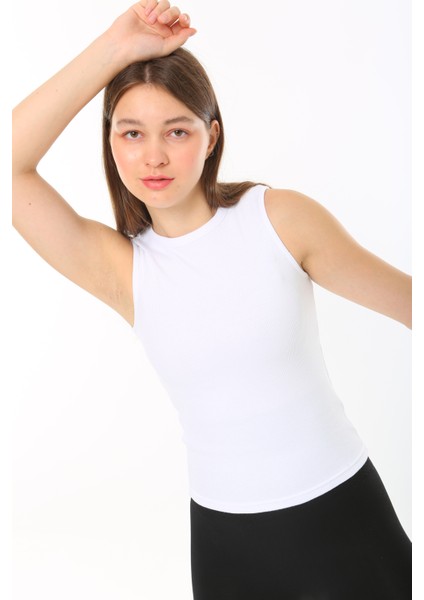 Kadın Sıfır Kol Fitilli T-Shirt Bluz Body Atlet Beyaz modelleri