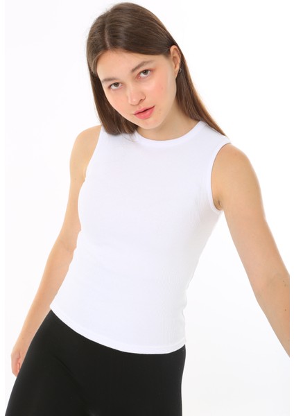 Kadın Beyaz Sıfır Kol Bisiklet Yaka T-shirt Bluz Body Atlet Fitilli Kaşkorse