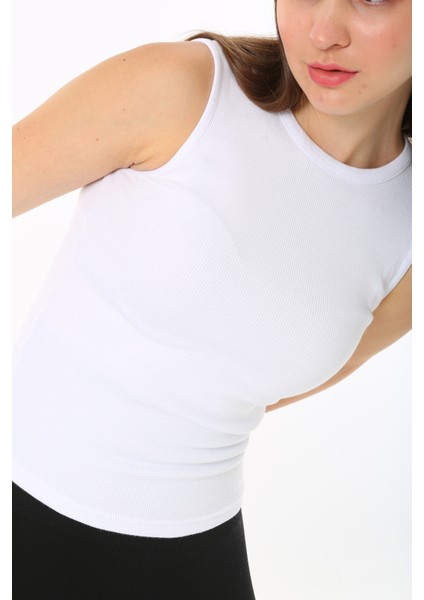 Kadın Beyaz Sıfır Kol Bisiklet Yaka T-shirt Bluz Body Atlet Fitilli Kaşkorse fiyatları