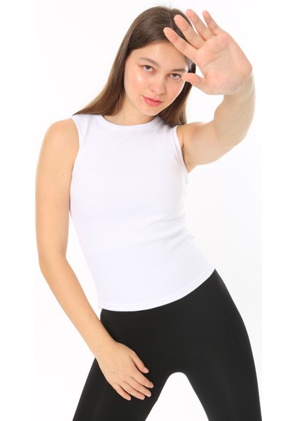 Kadın Beyaz Sıfır Kol Bisiklet Yaka T-shirt Bluz Body Atlet Fitilli Kaşkorse fırsatları