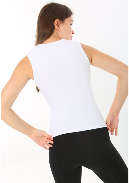 Kadın Beyaz Sıfır Kol Bisiklet Yaka T-shirt Bluz Body Atlet Fitilli Kaşkorse indirimleri