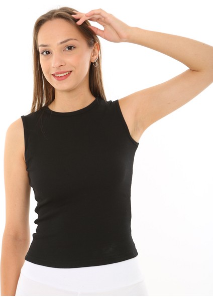 Kadın Sıfır Kol Fitilli T-Shirt Bluz Body Atlet Siyah