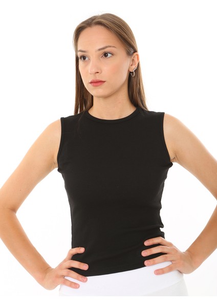 Kadın Sıfır Kol Fitilli T-Shirt Bluz Body Atlet Siyah modelleri