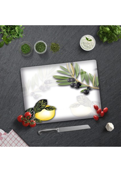 Zeytin ve Limon Desen Cam Kesme Tablası 30 x 40 cm