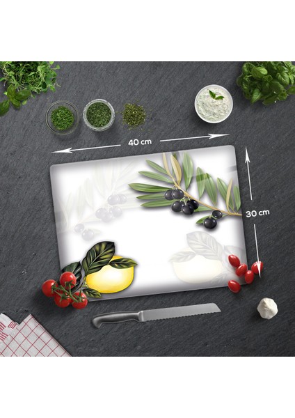 Zeytin ve Limon Desen Cam Kesme Tablası 30 x 40 cm