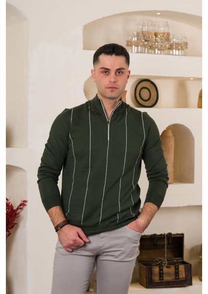 Çizgili Balıkcı Yaka Fermuarlı Regular Fit Erkek Triko Kazak modelleri