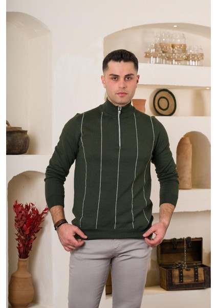 Çizgili Balıkcı Yaka Fermuarlı Regular Fit Erkek Triko Kazak fırsatları