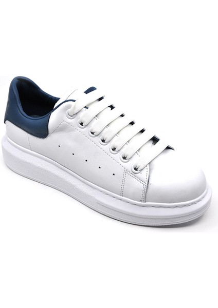 Hakiki Deri Erkek Sneaker Ayakkabı Beyaz Mavi 9838